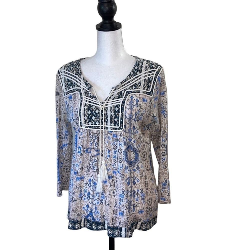 Lucky Brand Women's Aztec‎ Pattern Top Blouse Boho Tassel Embroidery Tan Medium